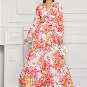 Allover Floral Print Belted Maxi Dress